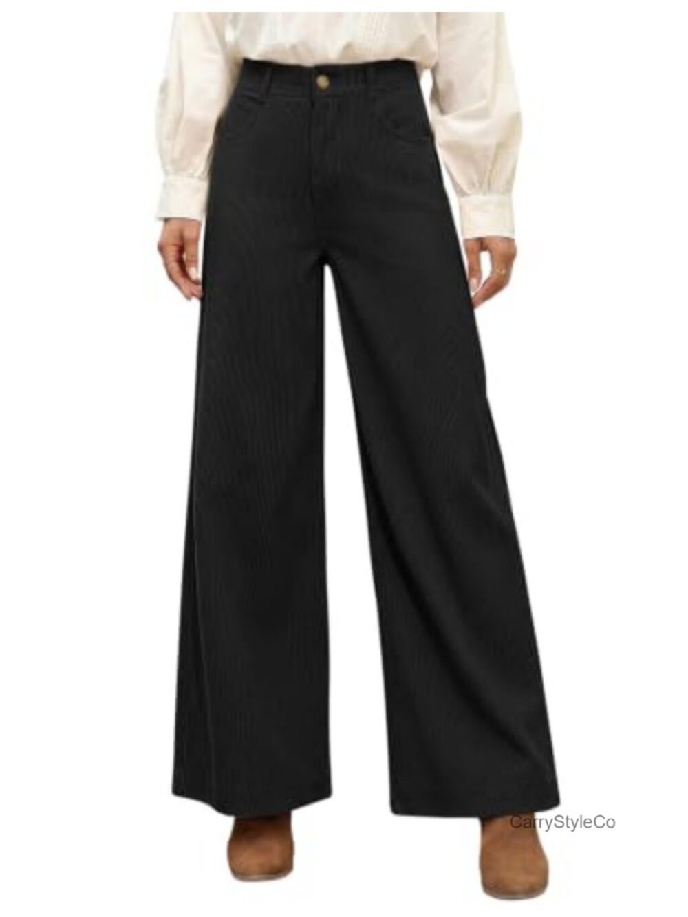 Women's Corduroy Pants High Waist Elastic Wide Leg Pull On with Pockets